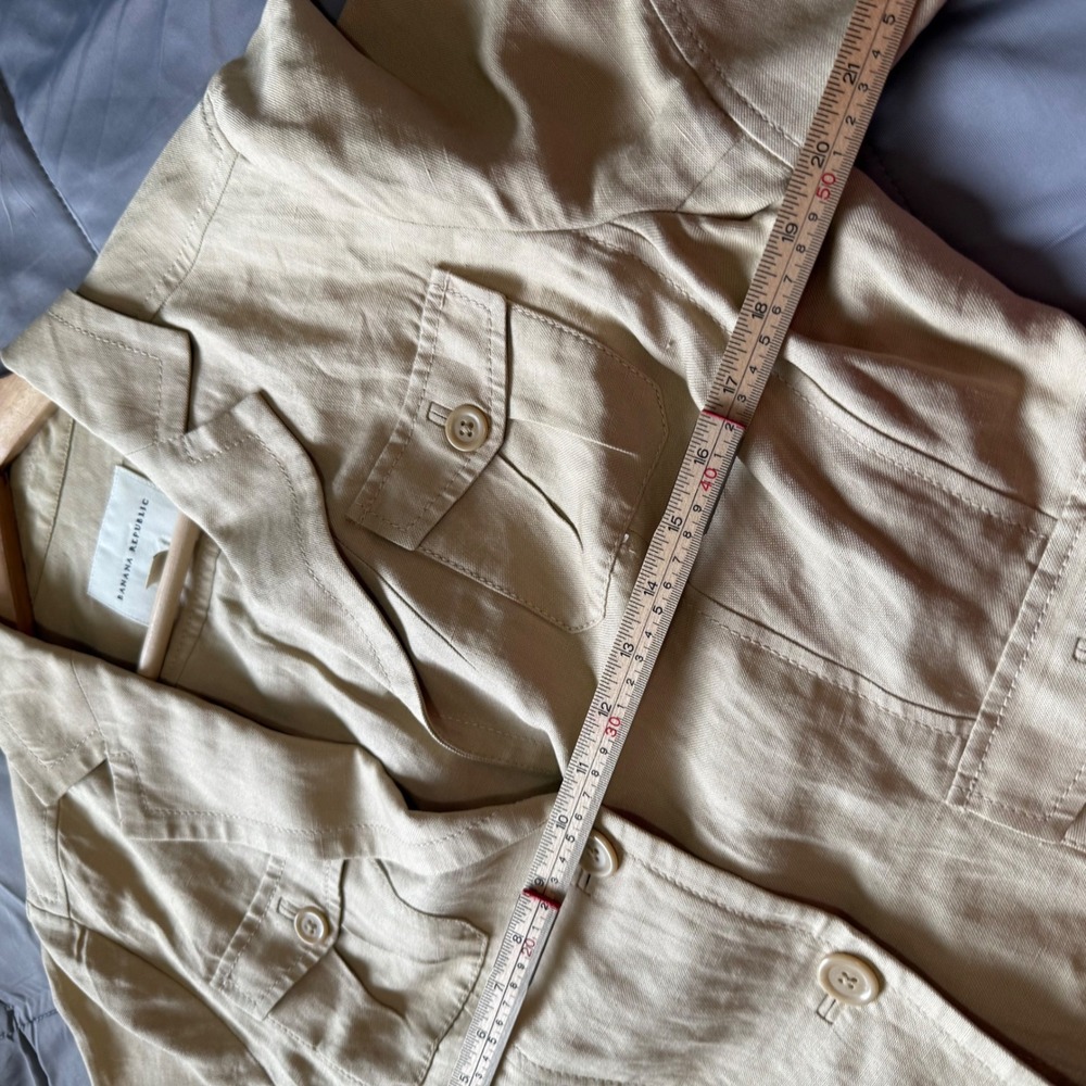 Banana Republic Blazer Women 14 Tan Excellent Linen Silk Short Sleeve Safari - Picture 6 of 7